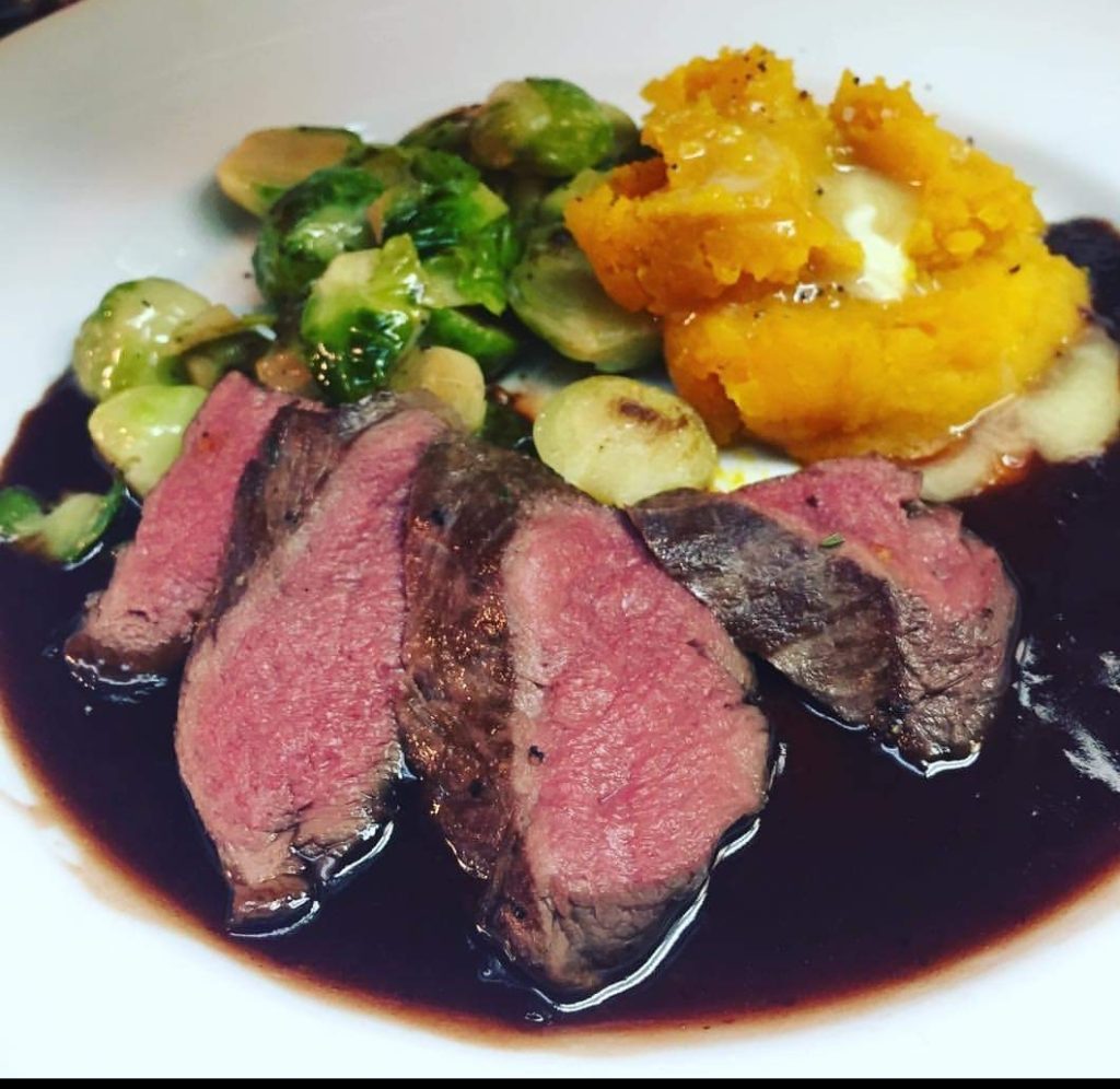 Sous Vide Venison Loin, Roasted Butternut Squash, Brussels with Bacon, Blackberry and Port Reduction
